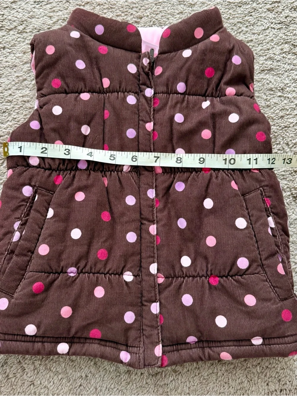 CARTERS Girls Vest Brown Pink Polka Dot Puffer Zip Up Sz 4 with Pockets